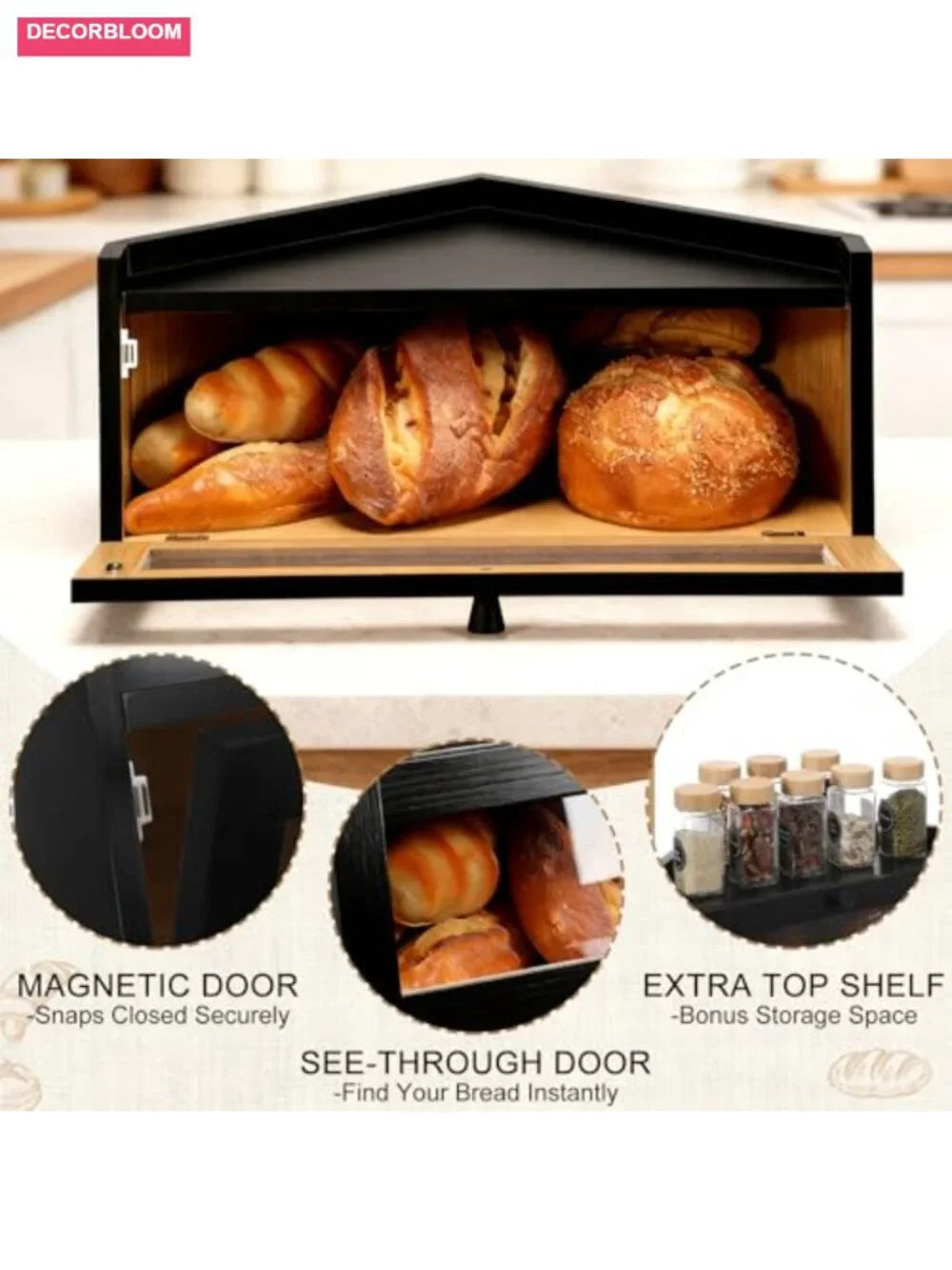 Corner Bread Box Wooden Farmhouse with Window Bread Storage
